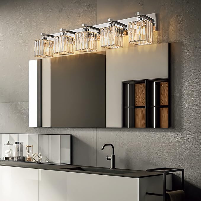 Modern Vanity Light 5-Lights Chrome Crystal Bathroom Wall Light Fixtures - Image 3
