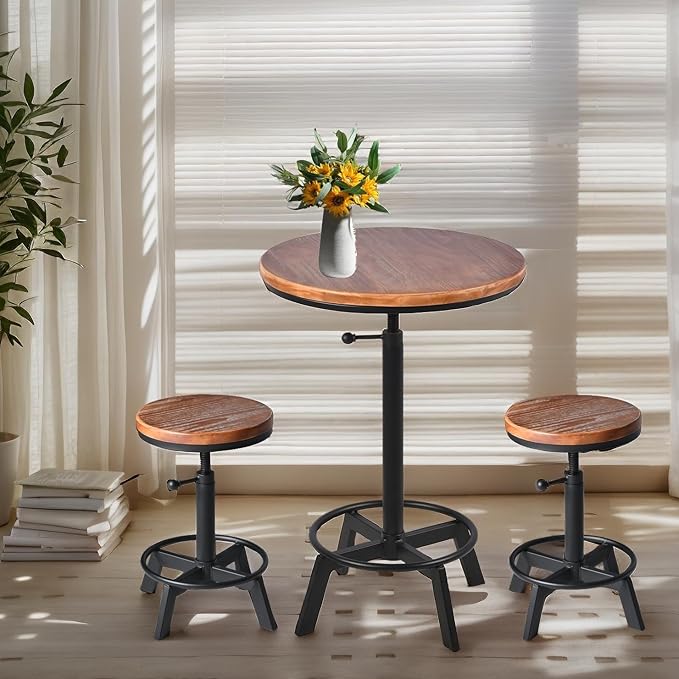 Set of 2-Industrial Bar Stool-Counter Height Chairs- Swivel Wooden Seat- - Image 8