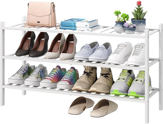 3-Tier Long Shoe Rack, Bamboo Wood Shoe Rack by VIEWCARE