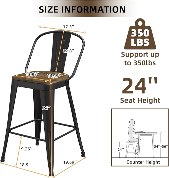 Metal Bar Stools Set of 4, High Back Bar Stools - Image 3