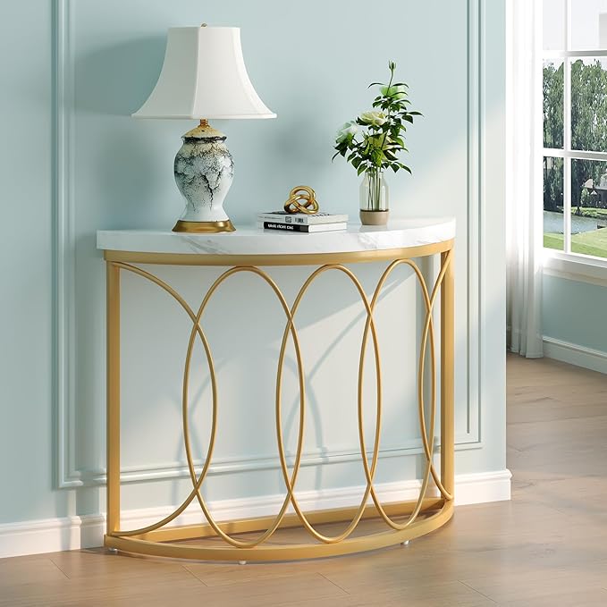 LITTLE TREE Half Moon Gold Console Table, 43 Inch Modern Faux Marble Entryway - Image 2