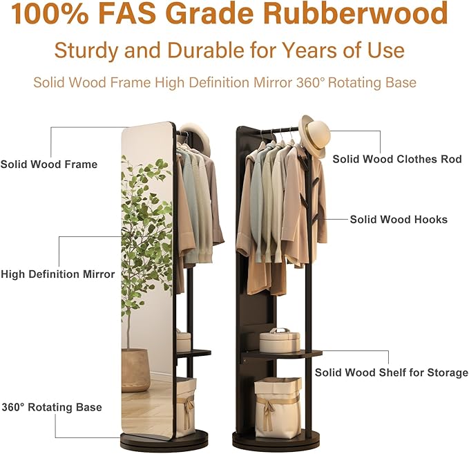 70"x16"Full Length Mirror with Stand, Coat Rack with Mirror, Solid Wood Floor - Image 5