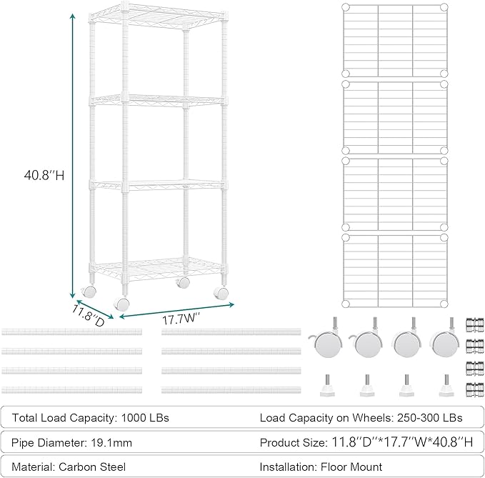 1000 lbs 4-Shelf Adjustable Heavy Duty Steel Wire Rack, Adjustable Storage - Image 3