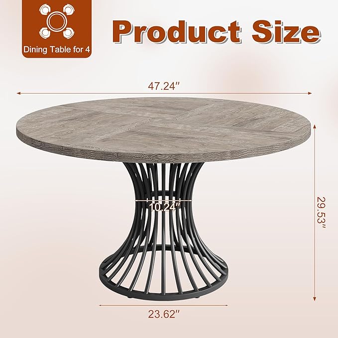 Round Dining Table for 4, 47-Inch Farmhouse Dinner Table Wooden Circle Kitchen - Image 2