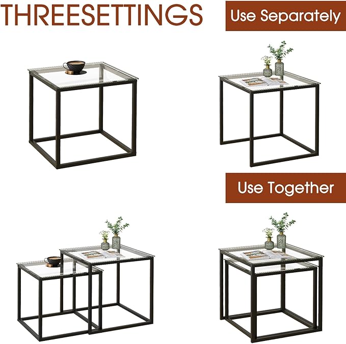 Garden 4 you Coffee Table Set of 2, Modern Glass Nesting Table, Metal Frame - Image 5