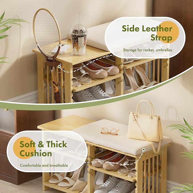 Amazer Bamboo Shoe Rack Bench, 3-Tier Shoe Bench Height Adjustable, Entry Bench - Image 6