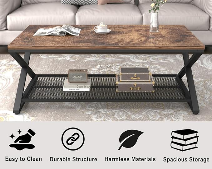 LVB Rustic Coffee Table with Storage, Industrial Wood Metal 2 Tier Center - Image 5