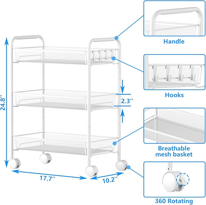 OVICAR Mesh Wire 3 Tier Rolling Cart, Kitchen Storage Utility Cart, Full Metal - Image 6