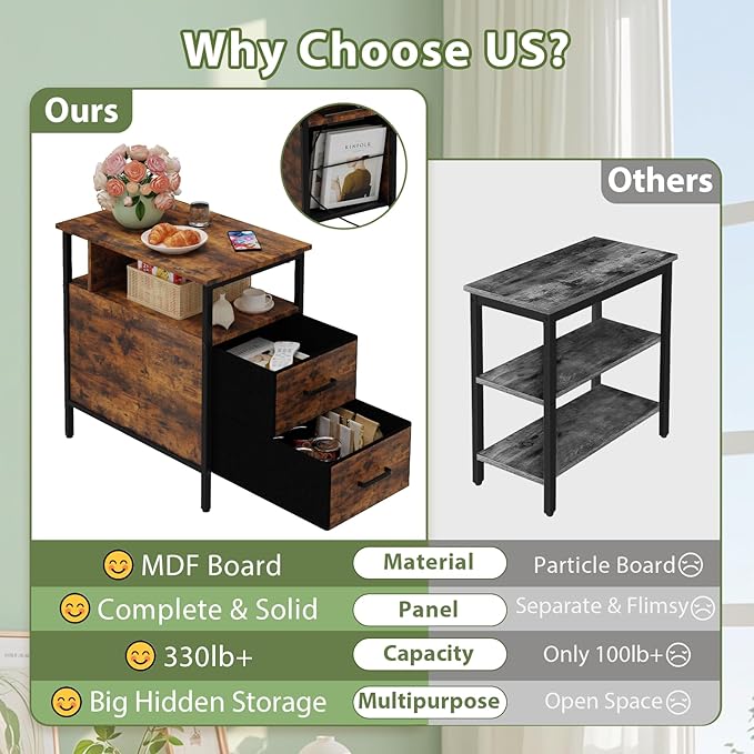 End Table with Charging Station, Narrow Side Table with 2 Fabric Drawer & - Image 3