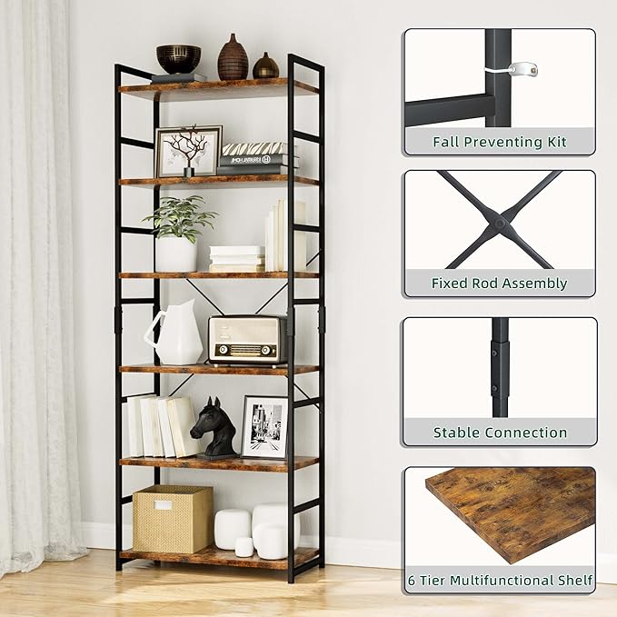 OTK 6 Tier Adjustable Bookshelf, Tall Bookcase, Office Shelf Storage Organizer - Image 5