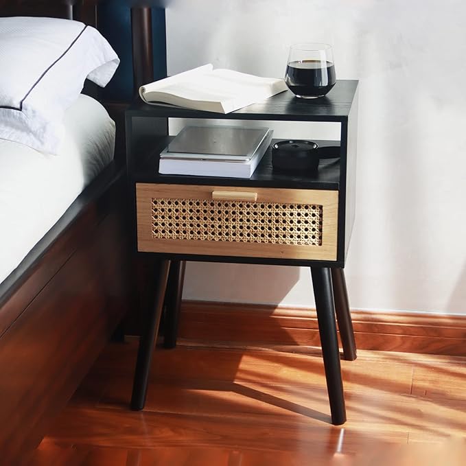 MaxSmeo End Table with Storage Mid Century Nightstand with Rattan Drawer and - Image 6