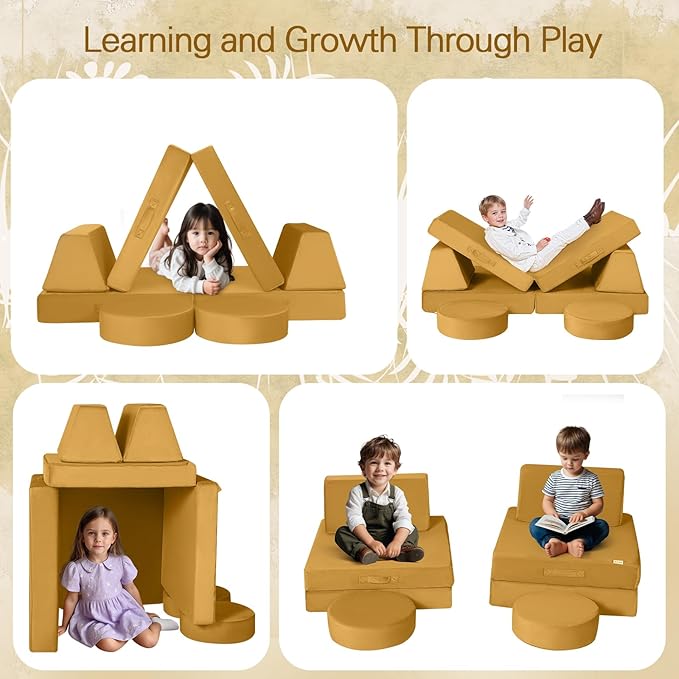 MeMoreCool Modular Kids Couch Sofa, Mustard 8-Piece Convertible Foam Play Couch - Image 4