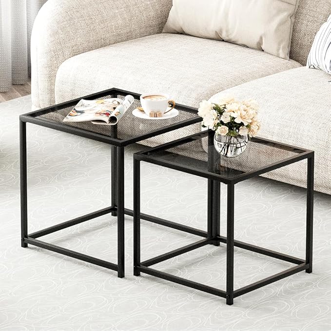 VILAWLENCE Coffee Table Set of 2, Modern Grey Patterned Glass Side Table - Image 3