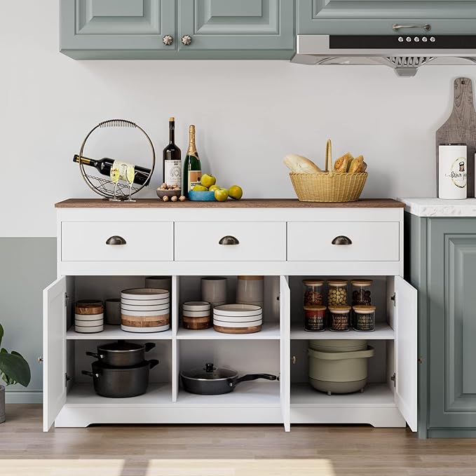 Keyluv White Buffet Cabinet Storage Sideboard Farmhouse Server Bar Wine Cabinet - Image 2