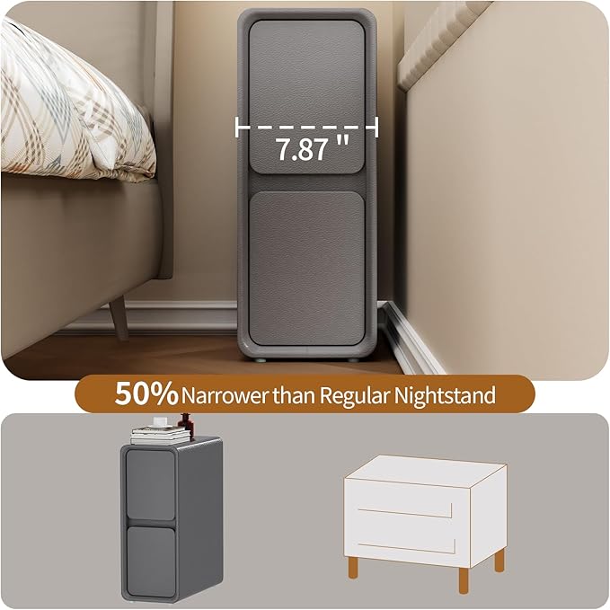 VICITON Modern Narrow Faux Leather Nightstand, Solid Wood Drawer, Storage - Image 7