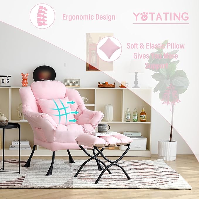 Lazy Chair with Ottoman, Comfy Reading Lounge Chair with Footstool & Throw - Image 8
