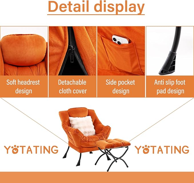 Lazy Chair with Ottoman, Comfy Reading Chair with Footstool & Throw Pillow - Image 4