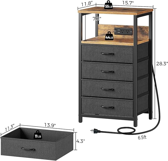 Seventable Night Stand with Charging Station, Tall Nightstand with 4 Fabric - Image 3