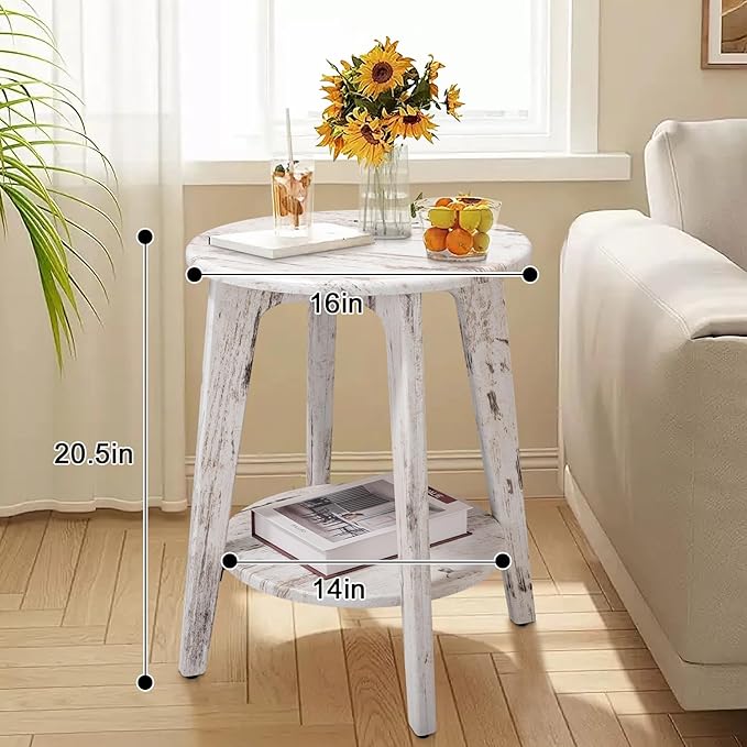 Farmhouse Round Side Table Rustic White Wooden End Table - Image 3