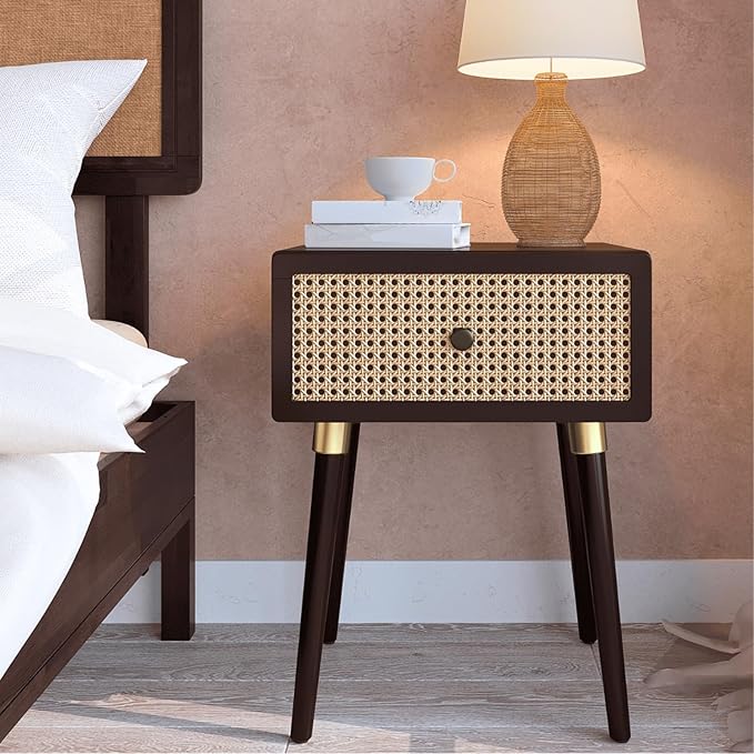 Bme Nipe Solid Wood and Rattan Nightstand, Fully Assembled, Woven Cane End Table by Bme