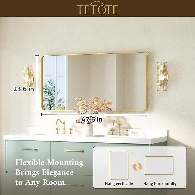 TETOTE Gold Mirror 48 x 24 Brushed Gold Metal Framed Bathroom Mirror, Tempered - Image 7