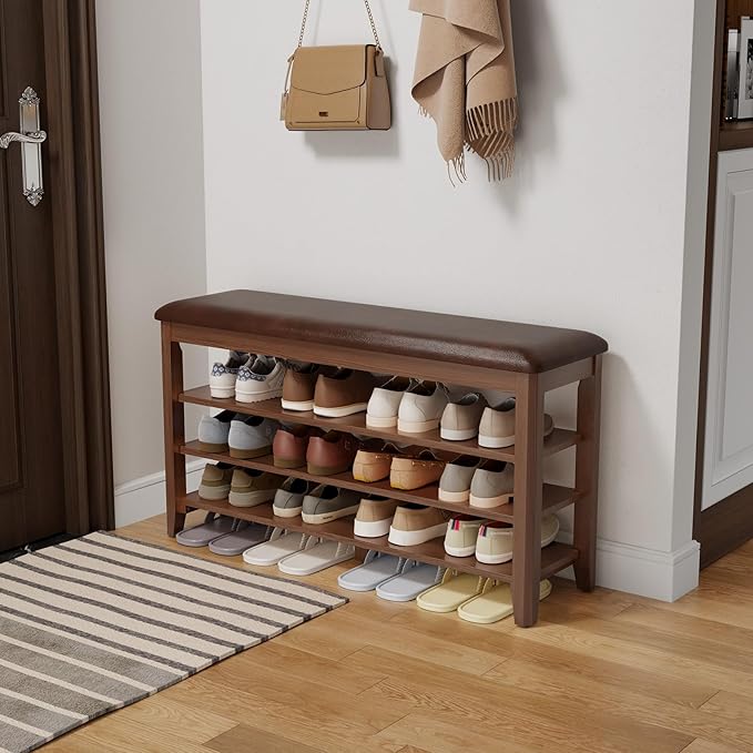 Shoe Bench with Leather Cushion, 3 Tiers Shoe Storage Bench Height Adjustable by AQIMUELE-Solidwoodfurniture