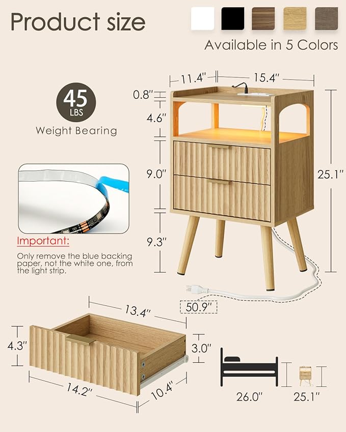 Nightstand with Charging Station and LED Lights, Modern Bedside Table with - Image 2