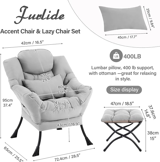 Lazy Chair with Ottoman, Modern Lounge Chair with Lumbar Pillow, Accent Cozy - Image 3