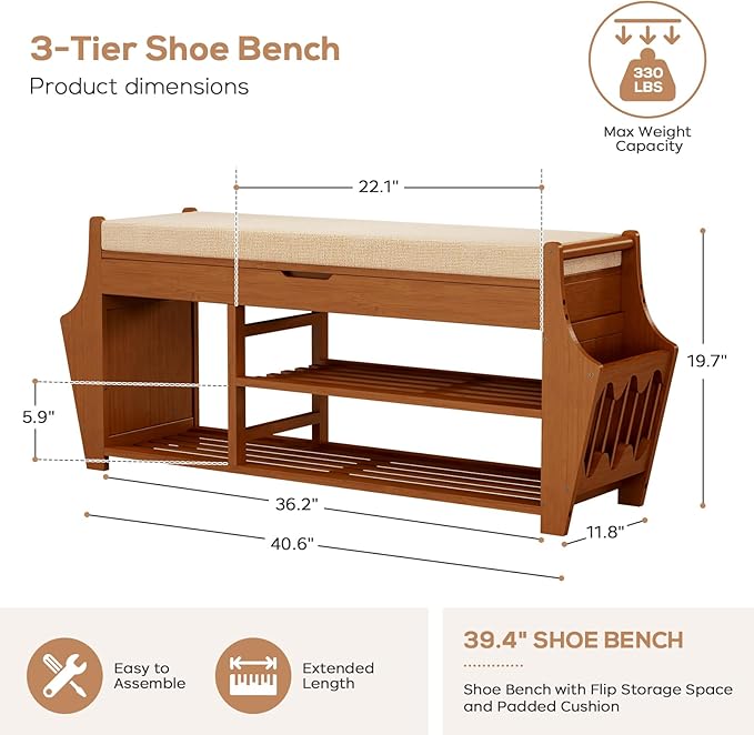 39.4in Shoe Bench with 2 Side Holder, 3 Tier Bamboo Entryway Bench with Storage - Image 2