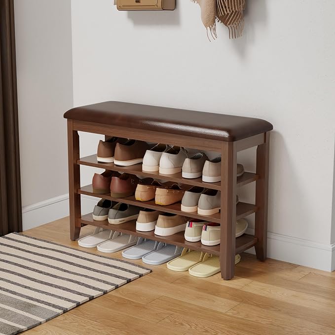 Shoe Bench with Leather Cushion, 3 Tiers Shoe Storage Bench Height Adjustable by AQIMUELE-Solidwoodfurniture