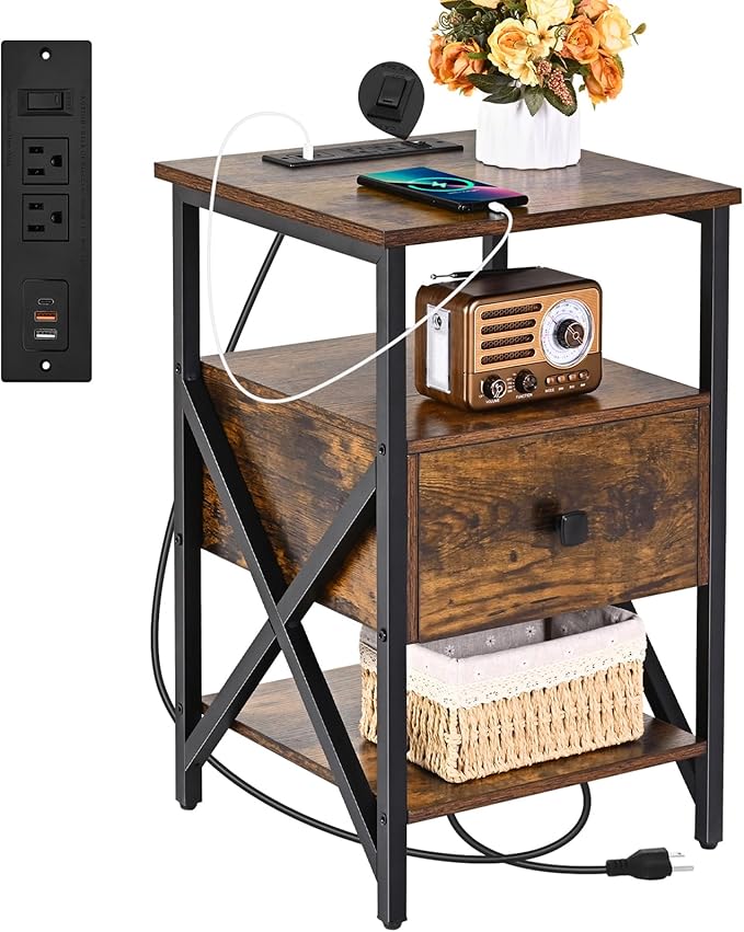 End Table with Charging Station, Charging Side Table Bedside Table with Outlets by Livofloral