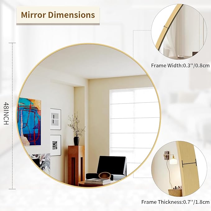 BEAUTYPEAK 48 Inch Round Mirror, Metal Frame Circle Mirror, Wall Mounted - Image 5
