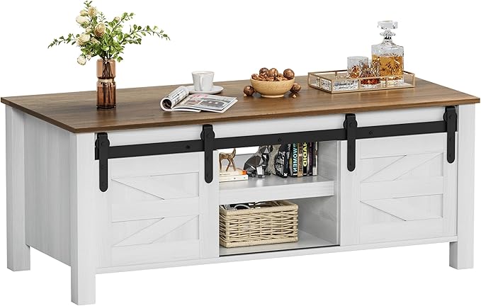 YESHOMY Coffee Table with Sliding Barn Doors & Storage, Wooden Center - Image 8