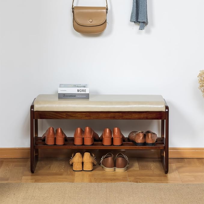 Solid Wood Shoe Bench, 2-Tier Entryway Bench - Image 3