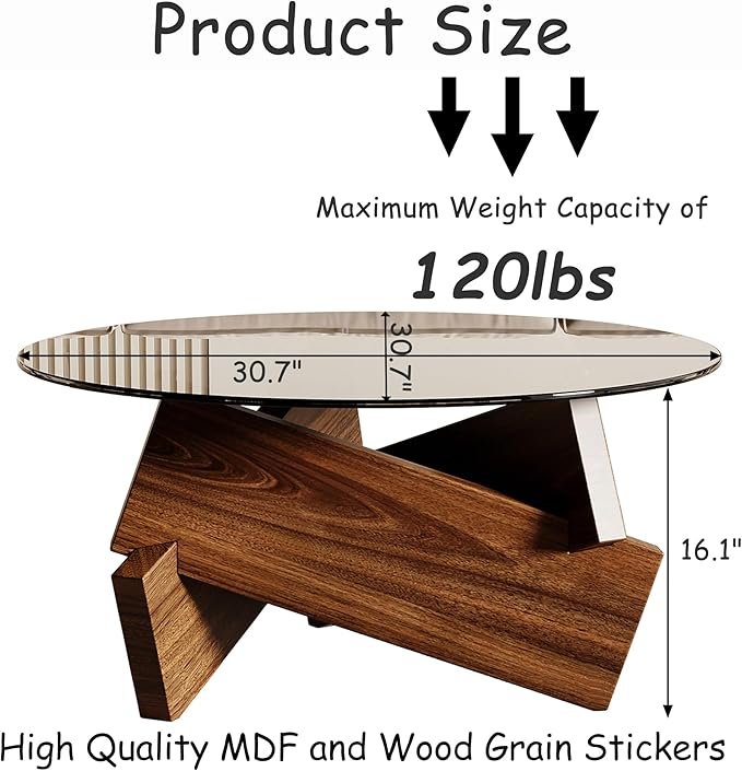 Honyee Morden Rounded Coffee Table, 30.7" x 30.7" x 16.1" Tempered Glass Top - Image 2