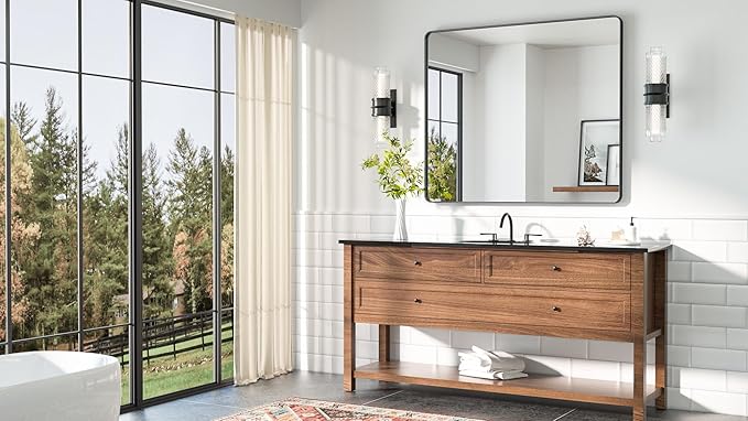 TETOTE 42 x 36 Black Bathroom Mirror Matte Black Metal Framed Vanity Mirror - Image 8