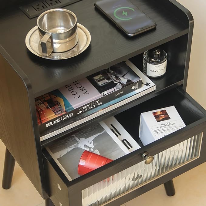 AWASEN Black Nightstand with Charging Station, Modern Bedside Table with Glass - Image 8