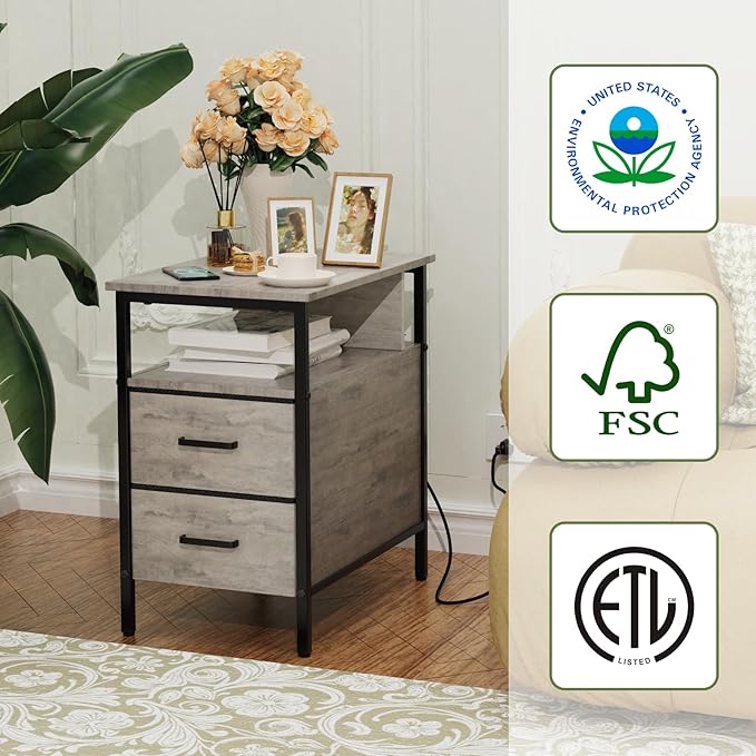 End Table with Charging Station, Narrow Side Table with 2 Fabric Drawer & - Image 7