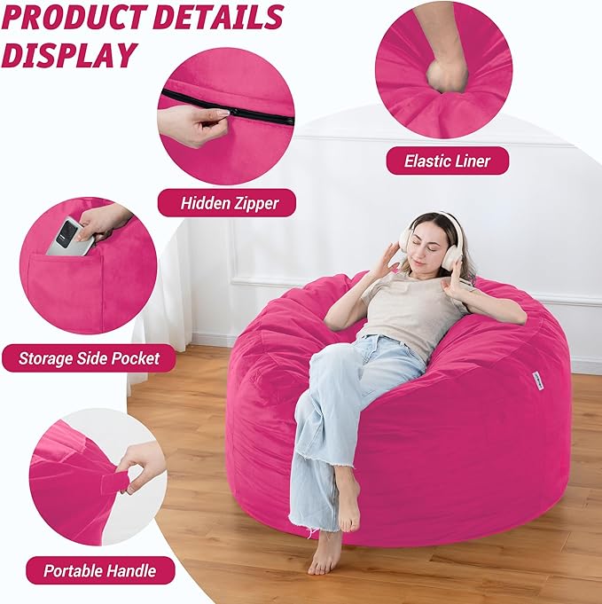 4FT Bean Bag Chair with Ultra Soft Velvet Cover Bean Bag Sofa with Memory Foam - Image 4