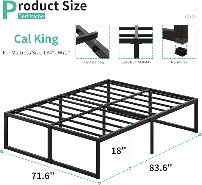 18 Inch California King Bed Frames Sturdy Mattress Foundation, Heavy Duty Metal - Image 2