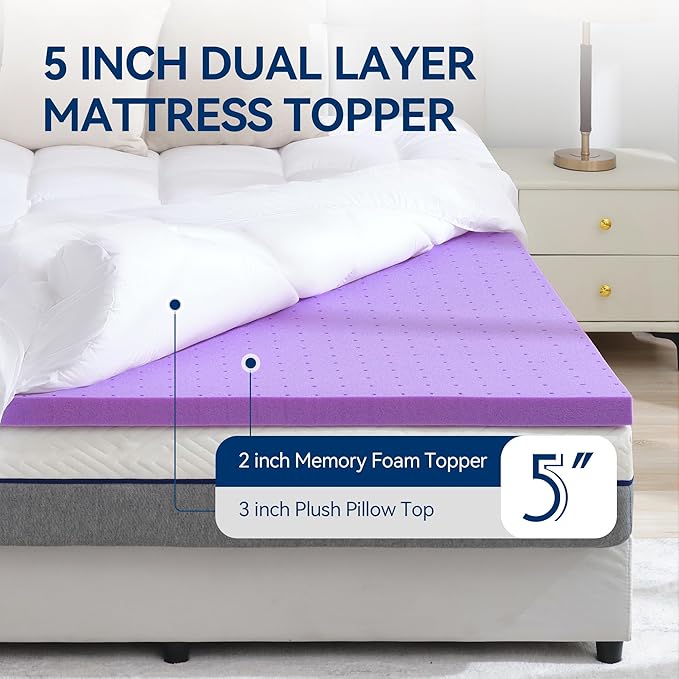 BDEUS Dual Layer 5 Inch Memory Foam Mattress Topper Queen Size, 2 Inch Gel - Image 2