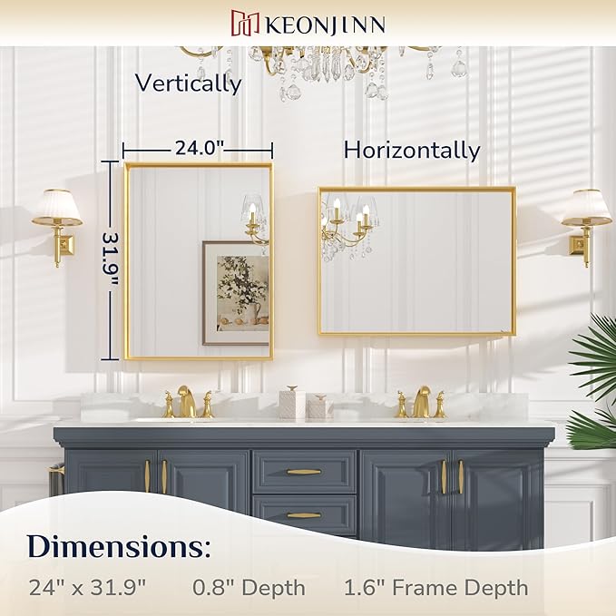 Keonjinn Gold Bathroom Vanity Mirror 24" x 32" Rectangular Wall Mirror Aluminum - Image 7