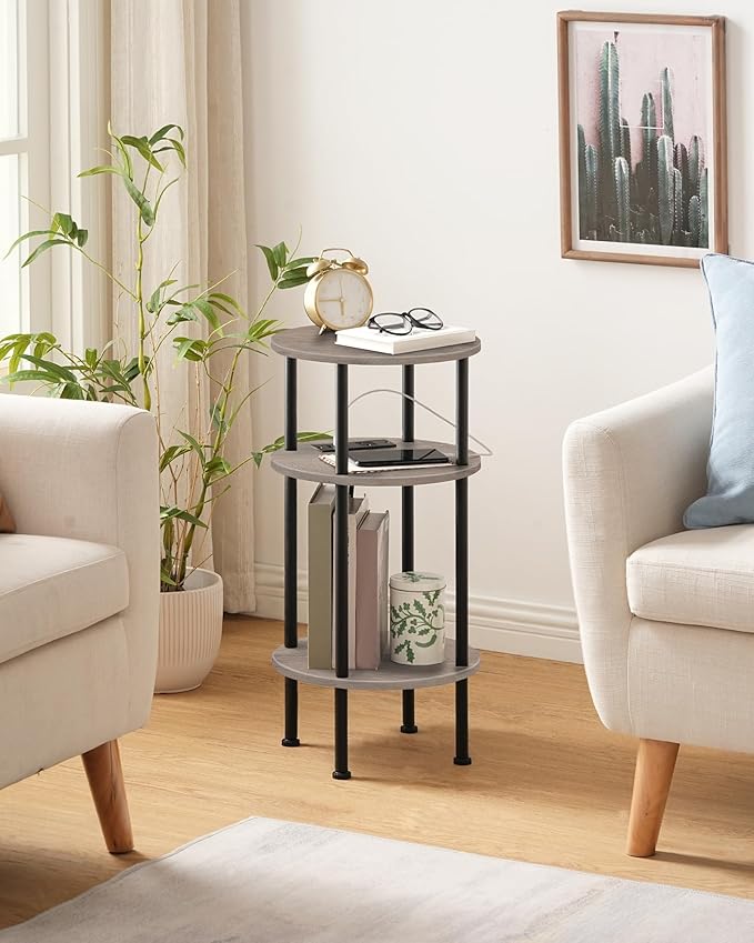 Small Round Side Table with Charging Station, Round End Accent Table, 3-Tier - Image 6