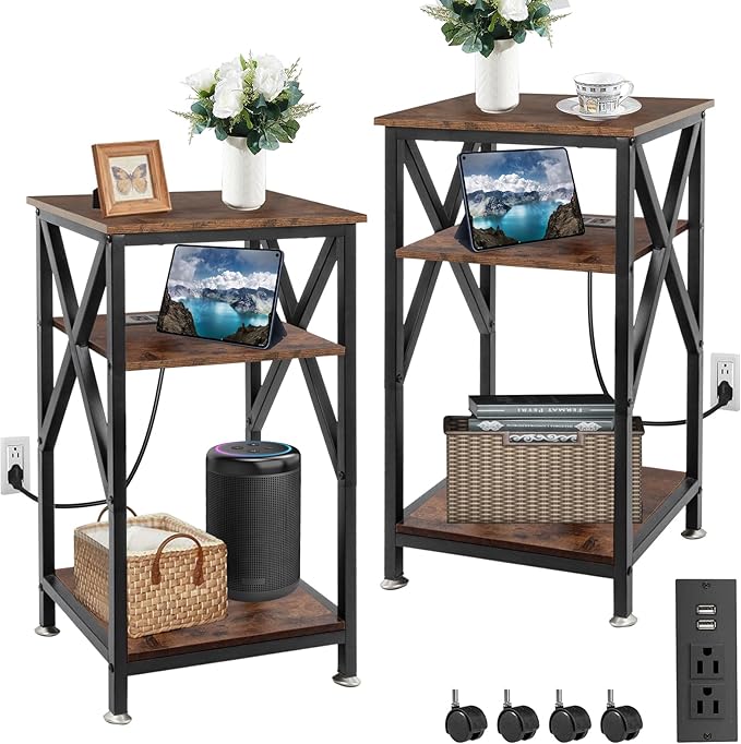 End Table with Charging Station, End Tables Living Room Set of 2 Farmhouse by TooCust