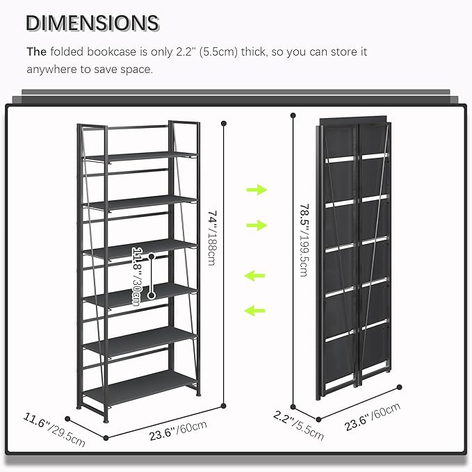4NM No Assembly Folding Bookshelf, 6-Shelf 74" H Collapsible Foldable Bookcase - Image 2
