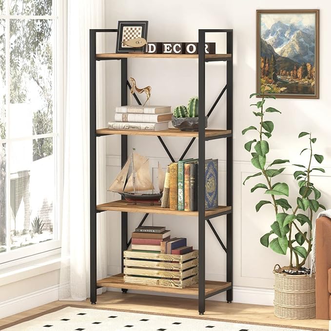 BON AUGURE Industrial 4 Tier Bookshelf, Modern Open Shelving Unit Book Shelves by BONAUGURE