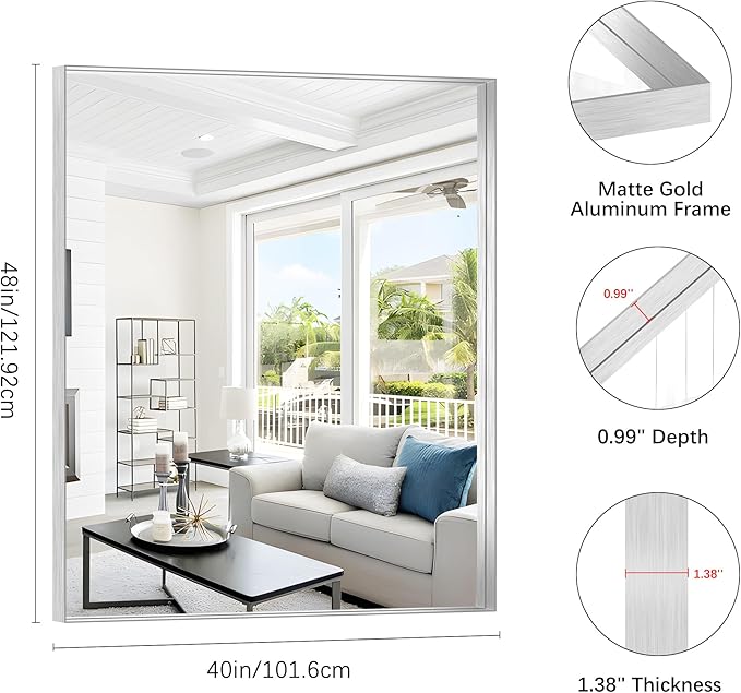 Silver Bathroom Mirror, 40x48 Inch Rectangular Framed Mirror, Large Wall - Image 3