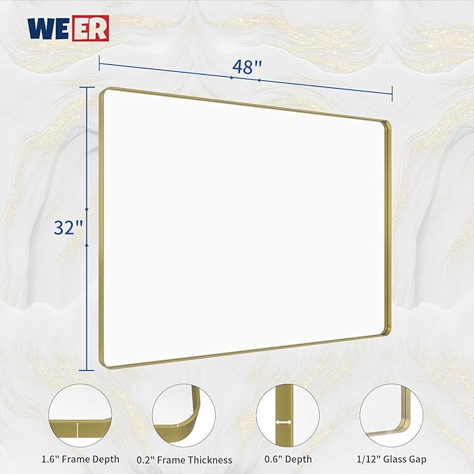 WEER Gold Bathroom Mirror, 48X32 Inch Brushed Gold Metal Frame Mirror, Rounded - Image 6