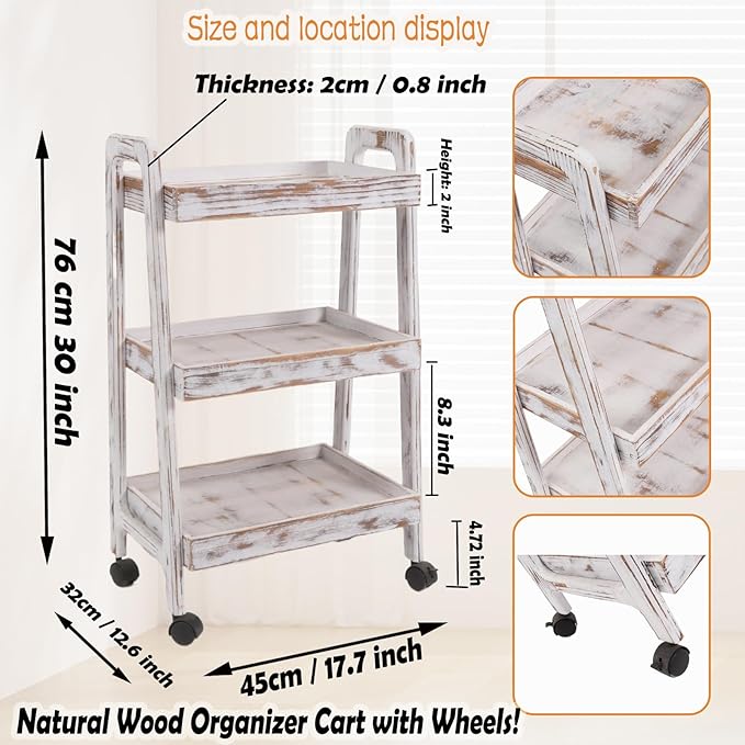 3-Tiers Ladder Shelf with Wheels, Wooden Rolling Cart, Solid Pine Wood Ladder - Image 2