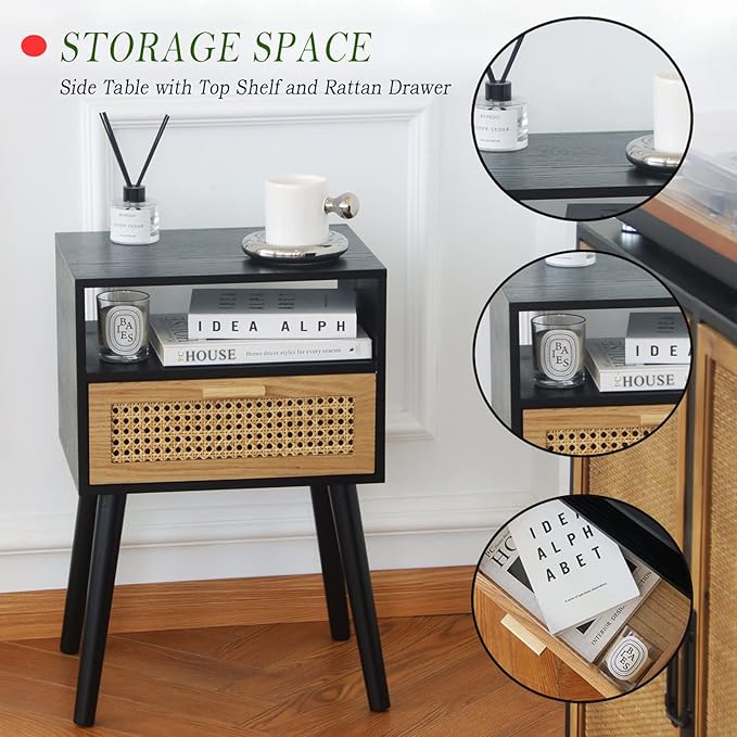 MaxSmeo End Table with Storage Mid Century Nightstand with Rattan Drawer and - Image 4
